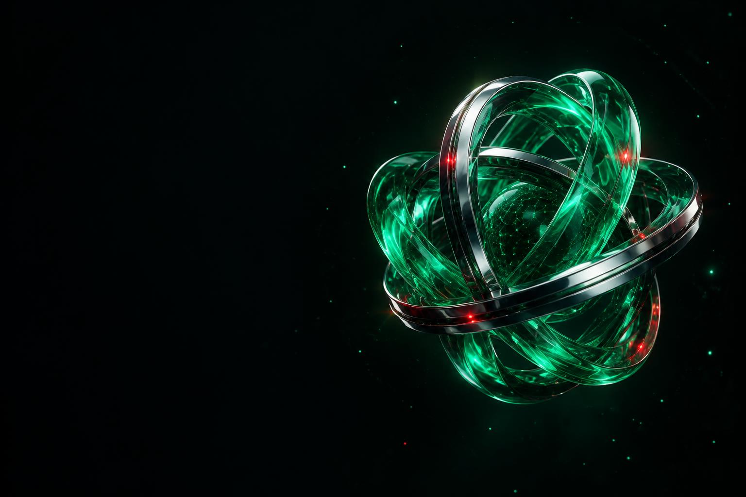 Emerald glass and chrome rings forming an interconnected AI core